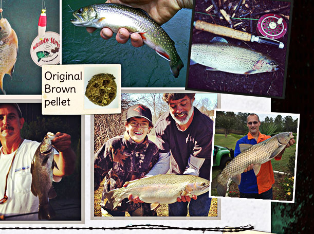 The "Original Brown" pellet catchiing catfish, carp, trout and bluegill...